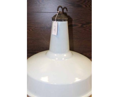 TWO MID-CENTURY ORIGINAL FACTORY PENDANT LIGHTS
each light enamelled in pale blue and with original ceramic fittings, each 47