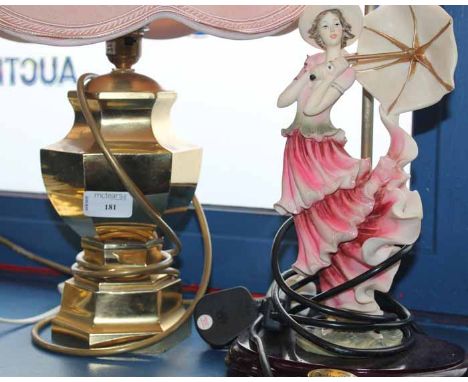 THREE BRASS TABLE LAMPS AND A CERAMIC FIGURE LAMP