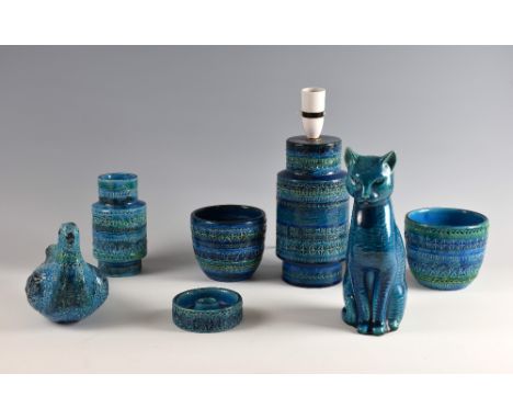 Aldo Londi for Bitossi Rimini, 20th century, a group of turquoise glazed items to include a lamp, vase, two bowls and a candl