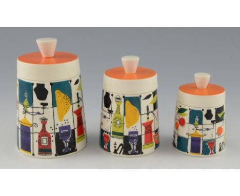 Set of three Mid Century Heal-a -craft, Goebel kitchen jars with bold design of kitchen equipment and fruit, largest 15 cm . 