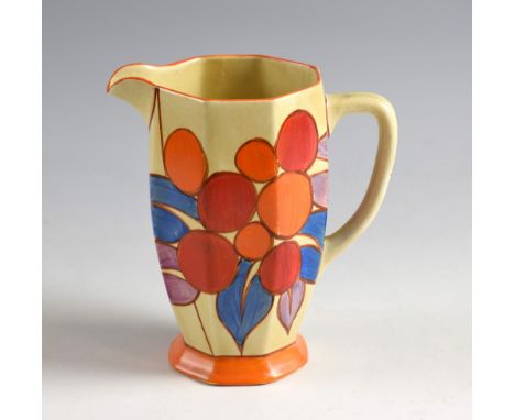 Clarice Cliff Fantasque jug,abstract leaf and berry design, marks for Clarice Cliff and Newport pottery, 16.2 cm  .      Good