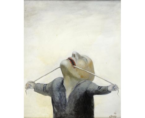 § Stasys Eidrigevicius (Lithuanian, b. 1949). Surrealist portrait of a man flossing. Oil on canvas. Signed Stasys and dated 1