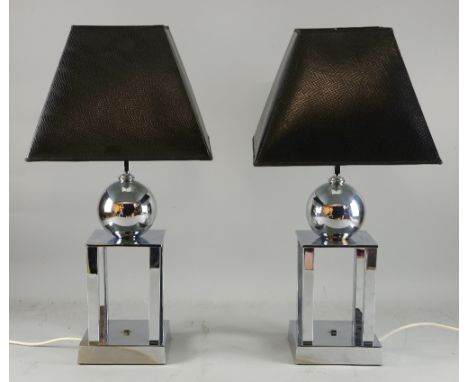 Pair of  contemporary chrome lamp bases with spheres on square column supports and square base with shades, 60cm high,.      