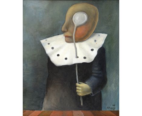 § Stasys Eidrigevicius (Lithuanian, b. 1949). Surrealist portrait of a man holding a spoon. Oil on canvas. Signed Stasys and 