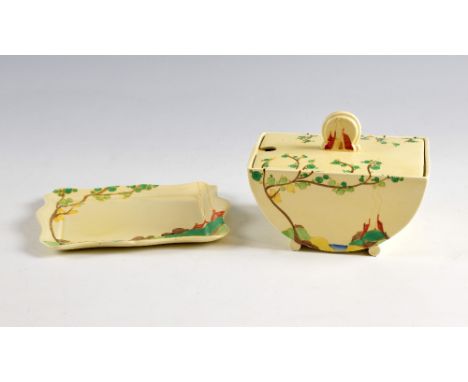 Clarice Cliff Biarritz Secrets pattern tureen and stand and a quantity of Crown Ducal Sunburst pattern china .      Good cond