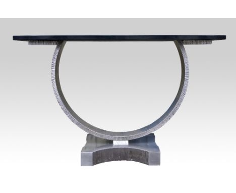   Contemporary marble topped console table, bow front on brushed steel base, 150 x 40 cm with matching mirror .      