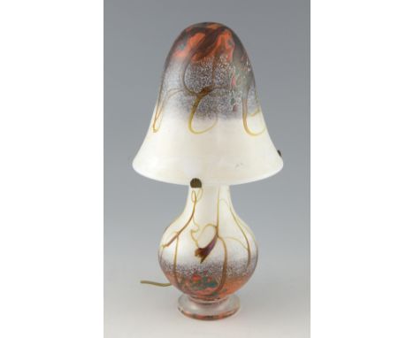 Studio glass mushroom table lamp the mottled ground with trailed decoration, signed indistinctly on the base, 40cm high overa