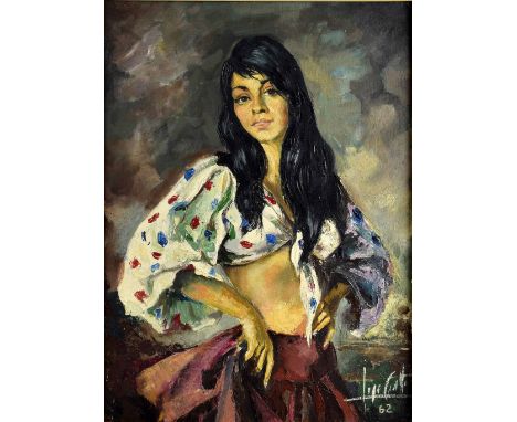 Portrait of a girl in a bolero, oil on canvas, signed indistinctly and dated 62. 60cm x 45cm.     Overall condition good. No 