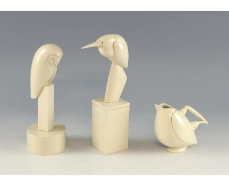 Anthony Theakston ceramic bird sculpture, barn owl on a pillar, 23 cm.,  a heron box, 25 cm, both signed and a robin jug, inc