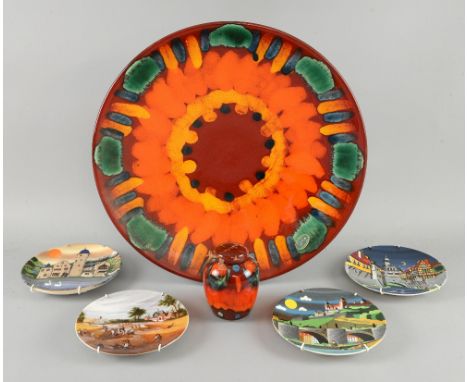 Poole pottery 'Volcano' charger, ginger jar and four small  landscape pottery plates,.      