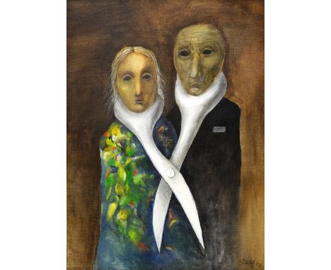§ Stasys Eidrigevicius (Lithuanian, b. 1949). Surrealist portrait of two figures. Oil on canvas. Signed Stasys and dated 1981