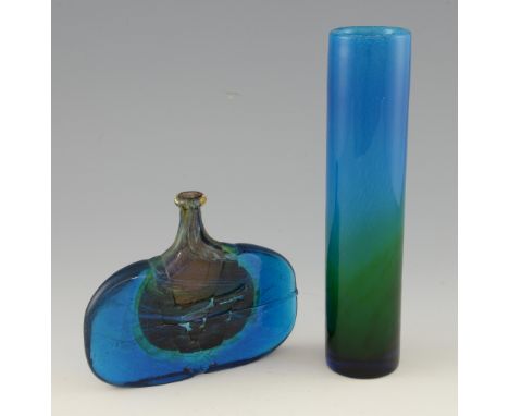  Medina green and blue glass vase 15cm high unsigned and a  E Keanas Swedish green and blue glass cylindrical vase  L 1453/17