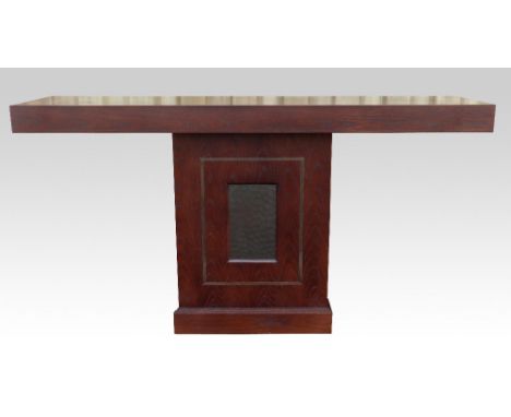 Pair of contemporary console tables, with central brozed metal panel, two convex circular mirrors and each with a pair of lam