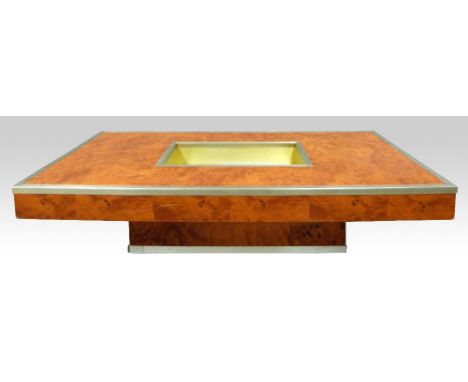  Willy Rizzo coffee table, burr walnut and brushed aluminium, 1970's  .      Generally reasonable condition,  Crack in veneer