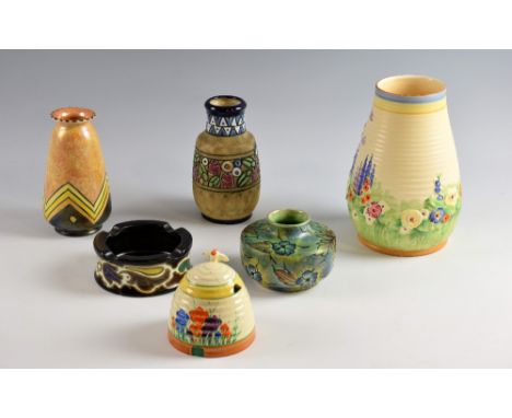  Art Deco pottery to include an Austrian Amphora 'Campina' Stoneware vase, a Clarice Cliff honey pot, a Gouda ashtray and thr