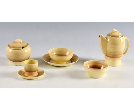 Suzie Cooper part breakfast service, Kestrel shape, decorated with banding and spots, tea and coffee pots, milk jug, preserve