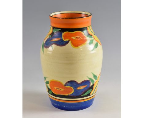 Clarice Cliff large Isis shape ribbed vase painted in garland pattern, stamped to base Fantasque by Clarice Cliff, marks for 