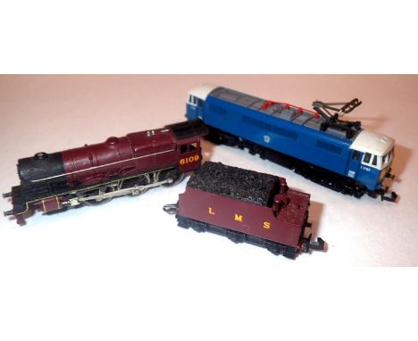 Two N gauge locomotives, Wrenn BO-BO electric BR blue E3185 and Peco Jubilee repainted LMS maroon 6109, with set of name/numb
