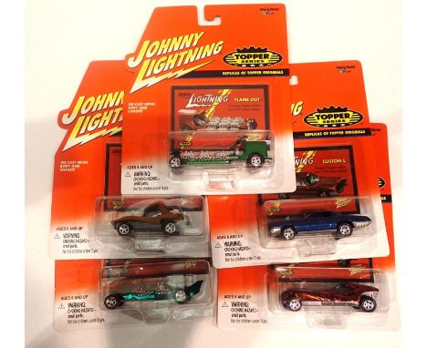 Johnny Lightning 1/64 scale diecast vehicles (x5): Topper Series, Flame Out, Custom L, Stiletto, Sand Stormer and customer Dr