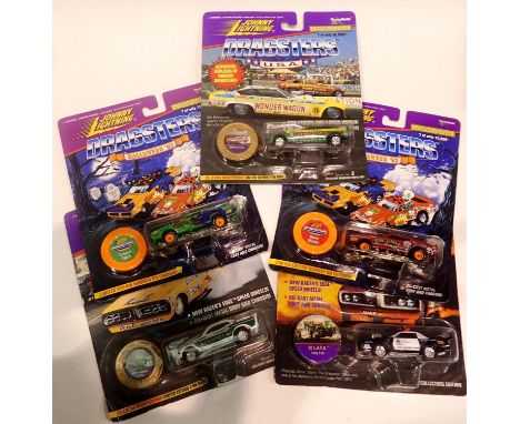 Johnny Lightning 1/64 scale diecast vehicles, USA Dragstars (x5) Bob Banning, Barry Setzer, Scream Team, Bone Shaker and LAPD