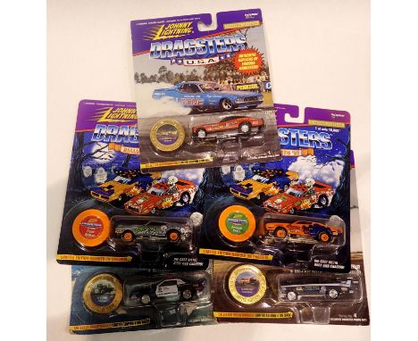 Johnny Lightning 1/64 scale diecast vehicles, USA Dragstars (x5) Christine, Chi-Town Hustler, Scream Team, Bone Shaker and LA