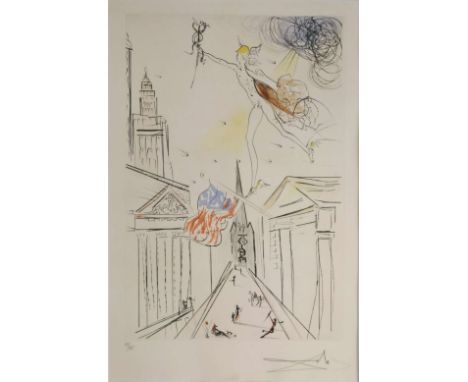 Salvador DALI (1904-1989), View of Wall Street (1972), Farbradierung mit Kaltnadel, koloriert, auf Arches, u.re. sign., u.li.