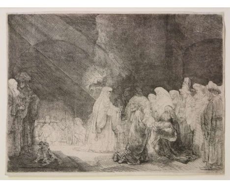 REMBRANDT VAN RIJN (1606-1669), Die Darstellung im Tempel (c.1640), Radierung, 21,4 x 29 cm, B. 49, 2 Wz. (Schriftband?-undeu