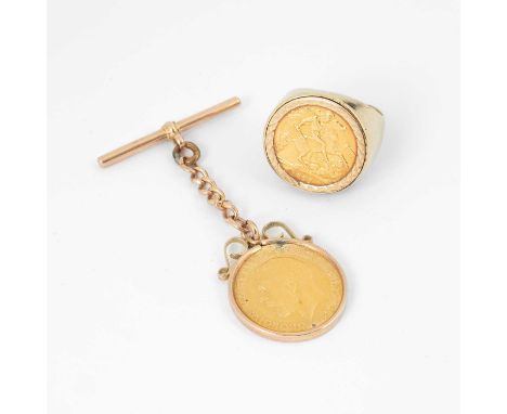 A George V gold sovereign,1911, in a scrolling frame to a short chain and 9ct rose gold T bar, together with a George V half 