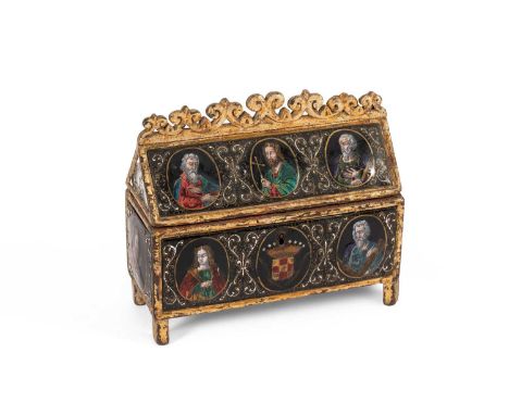 A mid 16th Century style Limoges enamel reliquary casket, initialled IR and dated 1543, the enamel panels set in a gilded woo