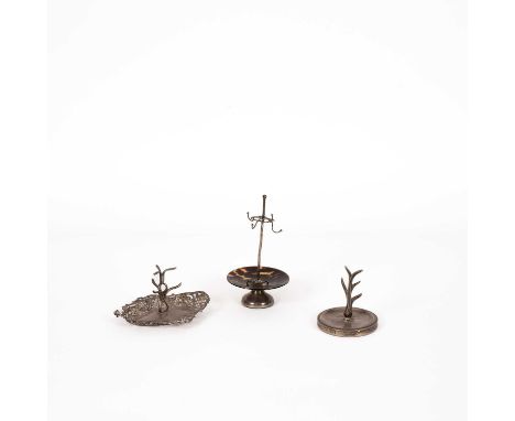 Two silver ring trees, Henry Matthews, Birmingham 1907 and 1908 and another with a tortoiseshell bowl, marks rubbed, weighted