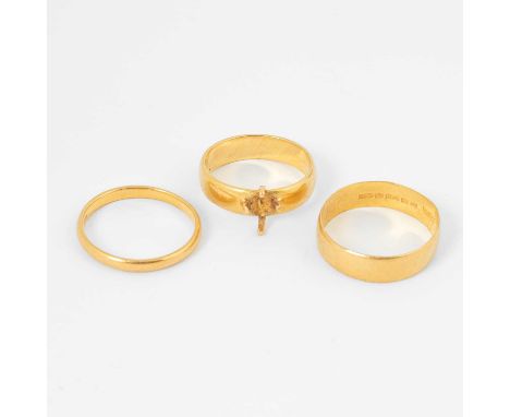 Three 22ct yellow gold wedding bands, one with a stone missing, sizes O, P &amp; R, total gross weight approximately 11.4gWea