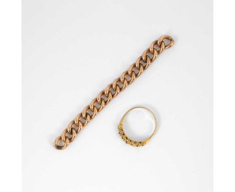 A yellow gold diamond and sapphire seven stone ring, stamped '18ct', ring size O1/2, gross weight approximately 3g, together 