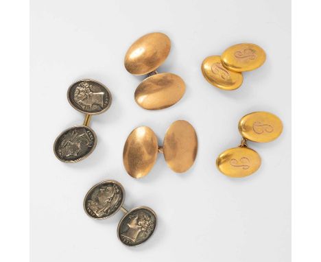 A pair of 9ct yellow gold oval cufflinks of plain design, total gross weight approximately 8.8g, together with another pair i