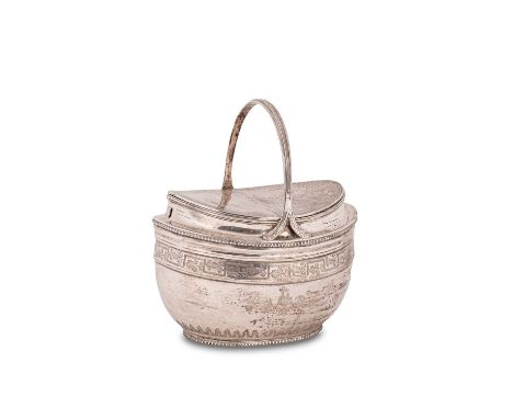 A George III silver tea caddy, Daniel Pontifex, London 1807, of basket form with reeded handle and two hinged covers each wit
