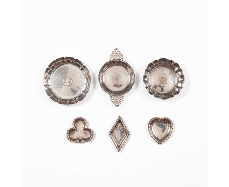 Three small silver dishes modelled as suits of cards, A &amp; J Zimmerman, Birmingham 1897, spades, clubs and diamonds, a com