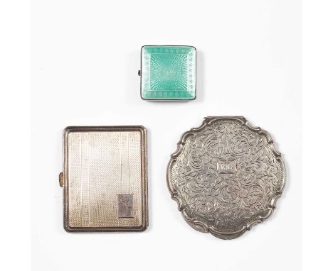 A silver cigarette case, Birmingham 1940, 8cm x 6.5cm, an enamelled compact, unmarked and a white metal compact of scrolling 