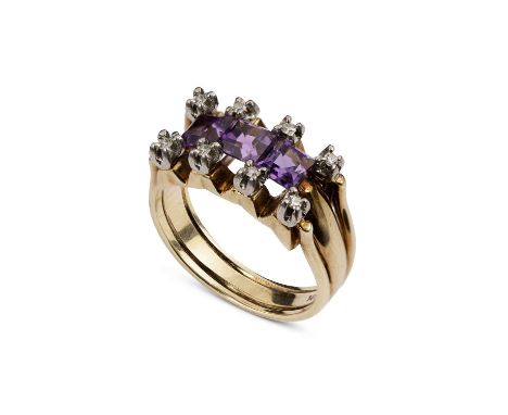 An amethyst and diamond dress ring, the three emerald cut amethysts in a claw setting with diamonds to the points of the claw