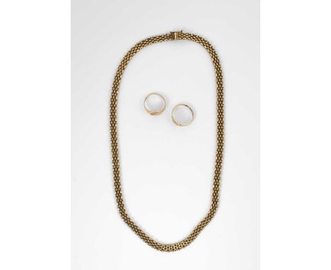 A 9ct yellow gold brick-link necklace, the clasp marked Pobjoy, 43cm long and two 9ct gold signet rings, total weight approxi