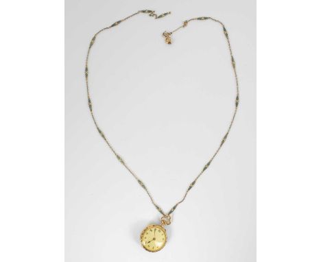 A lady's 18ct yellow gold and enamel fob watch, the 22mm circular dial with Arabic numerals, the reverse set with an old cut 