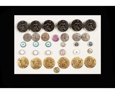 A group of thirty-two buttons, 19th and 20th Century, some French, base metal, enamel and gilt metalGood condition overall, w