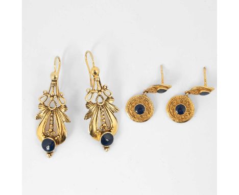 A pair of Portuguese silver-gilt and blue enamel earrings, each foliate drop with an enamel roundel, hook fittings, approxima