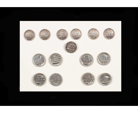 A group of fifteen silver buttons, all decorated with ships and a surround of nautical rope, Birmingham, London and continent