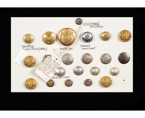 A group of twenty-four livery buttons, including sets of waistcoat buttons made from USA dimes and European coins, others wit