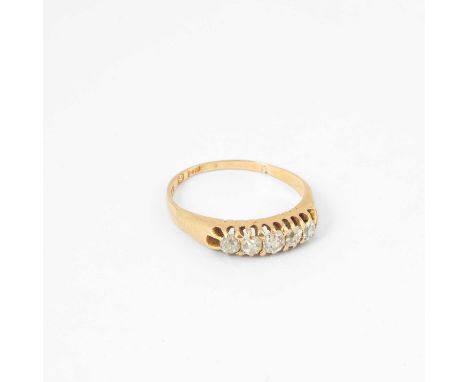 A Victorian yellow gold and diamond five stone ring, set with old cut diamonds, ring size L, marks rubbed, total gross weight