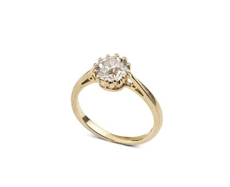 A yellow gold and diamond solitaire ring, the old cut diamond approximately 7mm x 6.9mm x 4.36mm, estimated diamond weight ap