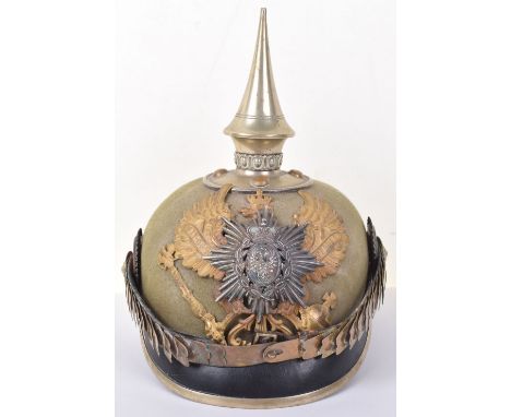 Imperial German Officers Pickelhaube, an unusual ersatz or colonial style helmet having a pressed felt main body with leather