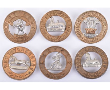 6x Other Ranks Helmet Plate Centres, consisting of examples for West Yorkshire regiment, West Kent regiment, South Staffordsh