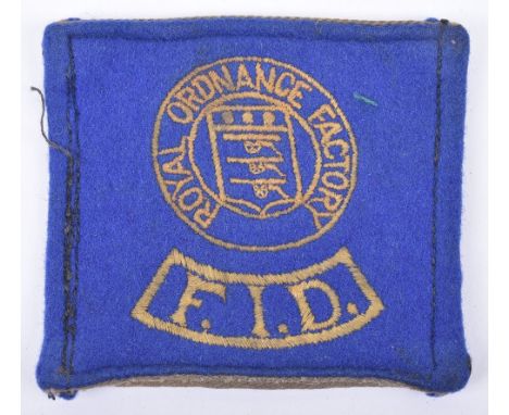 Scarce Home Front Royal Ordnance Factory Inspectors Cloth Badge, large square overalls patch with Royal Ordnance Factory insi