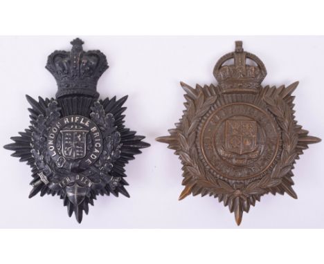 2x London Regiment Helmet Plates, including 1908 13th County of London Kensington and Victorian London Rifle Brigade, both wi