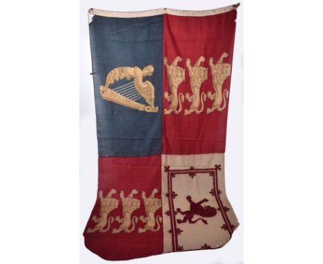 Large British Royal Standard / Flag, of coarse cotton material with printed Royal Arms and enforced edge. As seen flown at bu